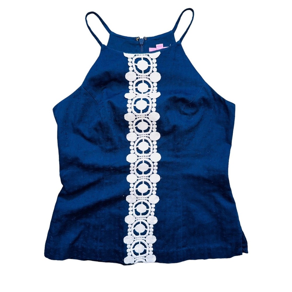 C6 Lilly Pulitzer Annabelle Navy Blue Blouse Anchor Print Halter Top 4 Women's